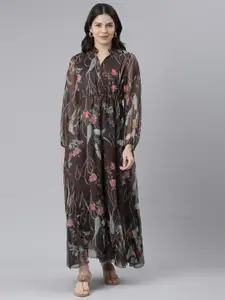 Neerus Floral Printed Mandarin Collar Puff Sleeves Silk Fit & Flare Maxi Ethnic Dress