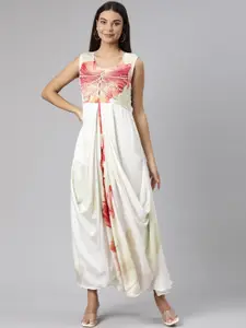 Neerus Floral Embroidered Cotton Fit & Flare Maxi Ethnic Dress