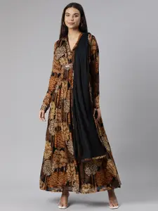 Neerus Floral Printed Maxi Silk Ethnic Dress