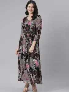 Neerus Floral Printed V-Neck Embellished Cotton Fit & Flare Maxi Dress