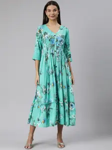 Neerus Floral Printed V-Neck Gathered Detail A-Line Dress