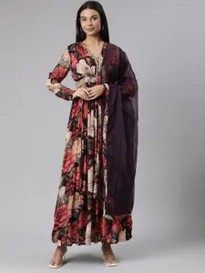 Neerus Floral Printed Maxi Ethnic Dress With Dupatta