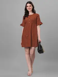 Anouk Orange-Coloured Striped Bell Sleeves Gathered Detailed Cotton A-Line Dress