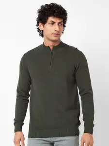 SPYKAR Striped Self Design Mock Collar Half Zipper Ribbed Cotton Pullover Sweater