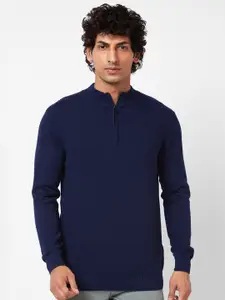 SPYKAR Striped Self Design Mock Collar Half Zipper Ribbed Cotton Pullover Sweater