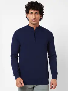 SPYKAR Cable Knit Self Design Mock Collar Half Zipper Ribbed Cotton Pullover Sweater