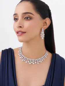 Kushal's Fashion Jewellery Rhodium-Plated Cubic Zirconia Studded Necklace With Earrings
