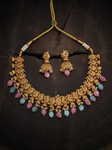 Kushal's Fashion Jewellery Gold-Plated Stone-Studded & Beaded Necklace & Earrings