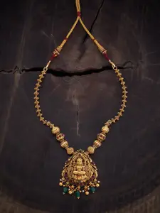Kushal's Fashion Jewellery Red & Green Silver Gold-Plated Temple Necklace