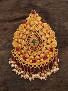 Kushal's Fashion Jewellery Gold-Plated Stones Studded & Pearls Beaded  Temple Pendant
