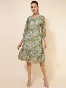 Janasya Floral Printed Puff Sleeve Georgette A-Line Dress