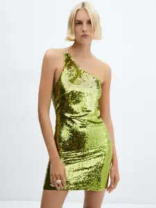 MANGO Embellished One Shoulder Mini Dress