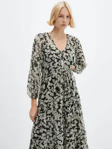 MANGO Floral Print Puff Sleeves Midi Dress