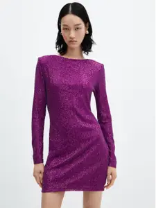 MANGO Sequinned Embellished Mini Sheath Party Dress with Shoulder Pads