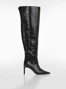 MANGO Women Croc Skin-Textured High-Top Square-Toe Slim Heel Boots