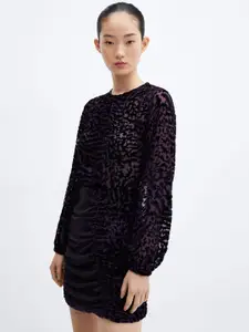 MANGO Self-Design Velvet Finish Ruched Bodycon Dress
