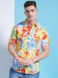 The Indian Garage Co Slim Fit Floral Printed Short Sleeves Pure Cotton Casual Shirt
