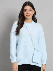 BROOWL Open Knit Self Design Round Neck Woolen Pullover Sweater