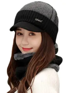 Alexvyan Women Self Design Acrylic Beanie Cap & Scarf