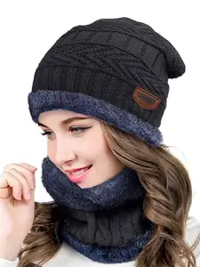 Alexvyan Women Self Design Acrylic Beanie Cap & Scarf
