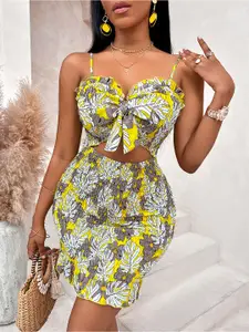 StyleCast Yellow Floral Printed Smocked Cut Out Bodycon Above Knee Length Dress