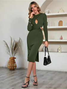 StyleCast Green Self Design Cut-Outs Sheath Midi Dress