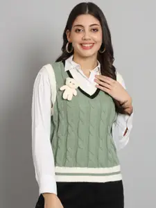 BROOWL Self Design Cable Knit Woollen Sweater Vest