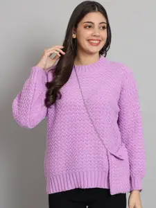 BROOWL Women Purple Cable Knit Ribbed Woollen Sweater Vest