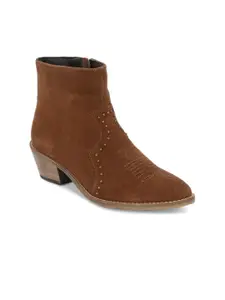 CARLO ROMANO Women Studded Mid-Top Block Heeled Suede Winter Boots