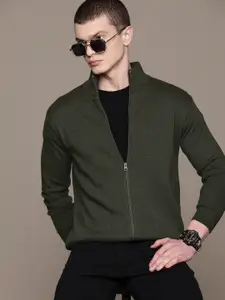 Roadster Men Checked Stand Collar Acrylic Cardigan