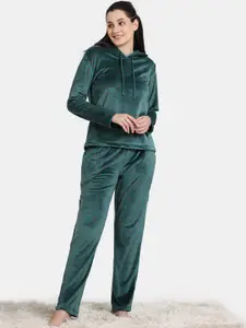 Zivame Conversational Printed Hooded Neck Long Sleeves Night Suit