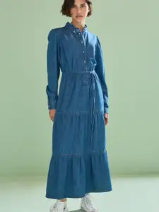 NEXT Shirt Solid Pure Cotton Tiered Shirt Maxi Dress With Tie-ups Detail