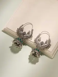 Priyaasi German Silver Silver-Plated Stones Studded & Beads Beaded Jhumkas Earrings