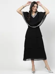 Karmic Vision V-Neck Cape Sleeves Georgette Fit & Flare Midi Dress