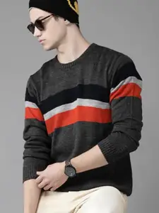 The Roadster Lifestyle Co. Charcoal Striped Round Neck Acrylic Pullover Sweater