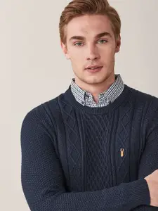 NEXT Pure Cotton Cable Knitted Pullover Sweater With Mock Shirt Collar