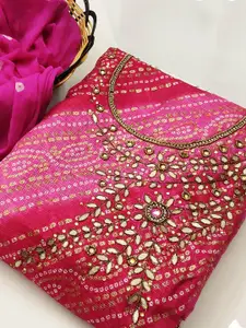 MANVAA Bandhani Printed Beads and Stones Unstitched Dress Material