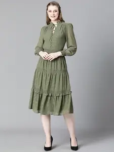 Oxolloxo Self Design Tie-Up Neck Smocked Dobby A-Line Midi Dress