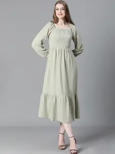 Oxolloxo Square Neck Puffed Sleeves Smocked Cotton A-Line Midi Dress