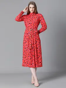 Oxolloxo Conversational Printed Belted A Line Midi Dress