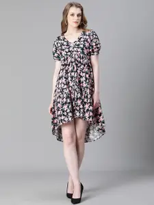 Oxolloxo Floral Printed Puff Sleeve Organic Cotton A-Line Dress