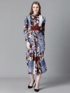 Oxolloxo Ethnic Motifs Printed High Neck Cuffed Sleeve Belted A-Line Dress