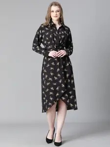 Oxolloxo Floral Print Shirt Collar Cuff Sleeve Twisted A-Line Dress