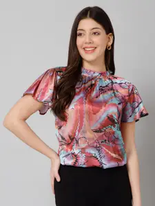 PURYS Abstract Printed High Neck Flared Sleeve Satin Top