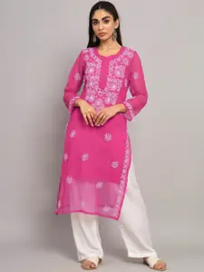 PARAMOUNT CHIKAN Women Pink & White Ethnic Motifs Embroidered Chikankari Floral Georgette Kurta