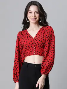 Oxolloxo Abstract Printed Puff Sleeves Fitted Crop Top