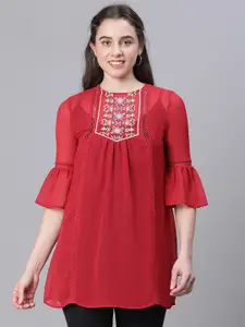 Oxolloxo Red & Red Bell Sleeve Sheer Georgette Longline Top