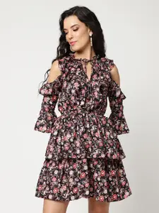 Zima Leto Floral Printed Tie Up Neck Ruffles Fit and Flare Dress
