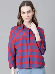 Oxolloxo Relaxed Boxy Checked Spread Collar Cotton Casual Shirt