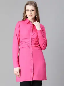 Oxolloxo India Slim Spread Collar Gathers Longline Cotton Casual Shirt